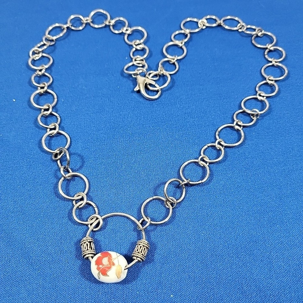 Handpainted Flower Bead Chain Necklace‎ Silver-tone Big Loop Chunky Statement